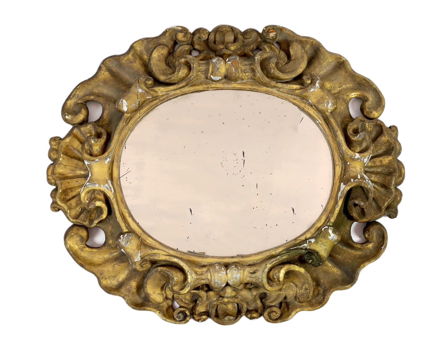 An 18th century Baroque giltwood wall mirror, width 95cm, height 84cm